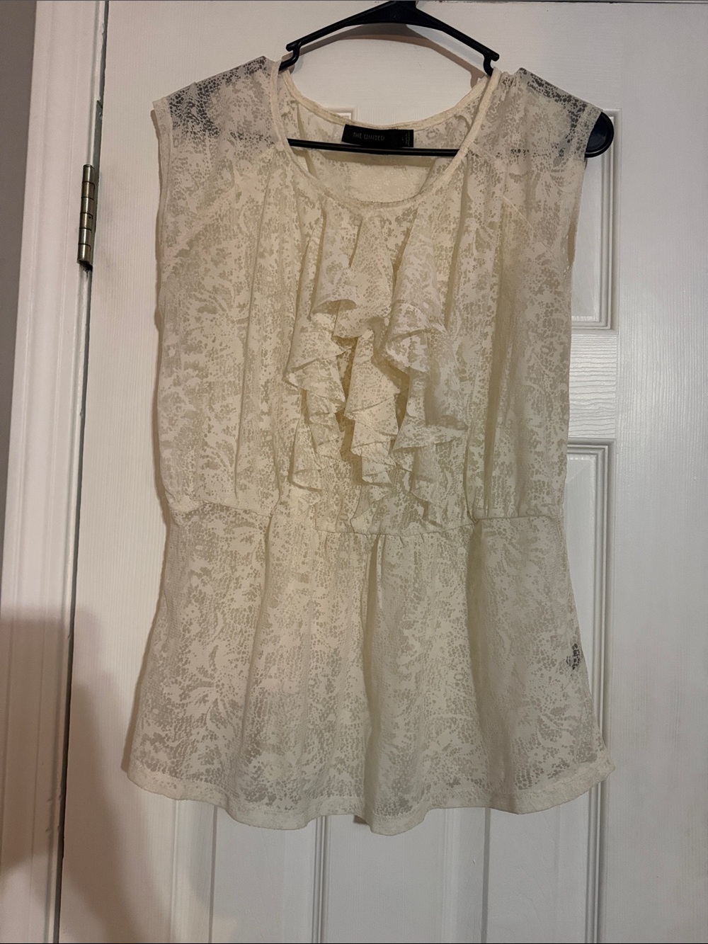 Ann Taylor Ivory Sleeveless Ruffle Lace-Overlay Blouse